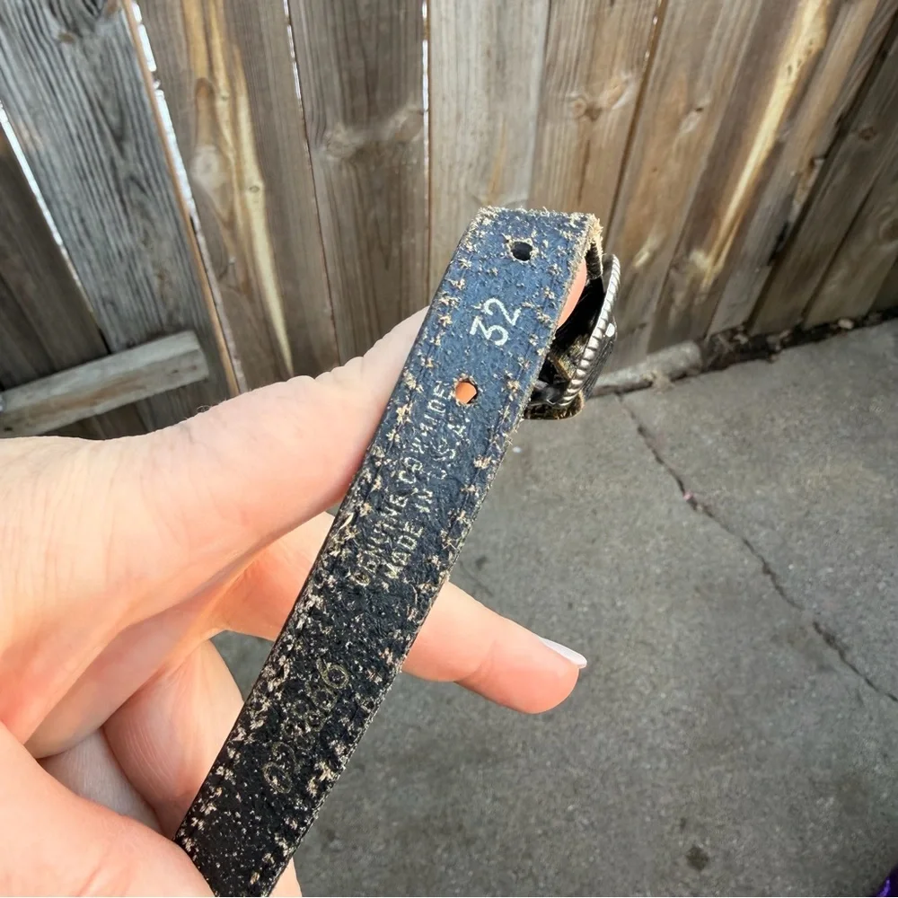 Vintage Black Leather Belt with Silver Buckle Size 32